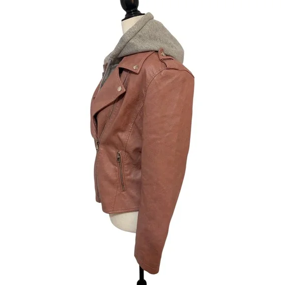 Vintage Le Chateau Medium Pink Faux Leather Moto Jacket w/ Grey Hoodie - Picture 7 of 11